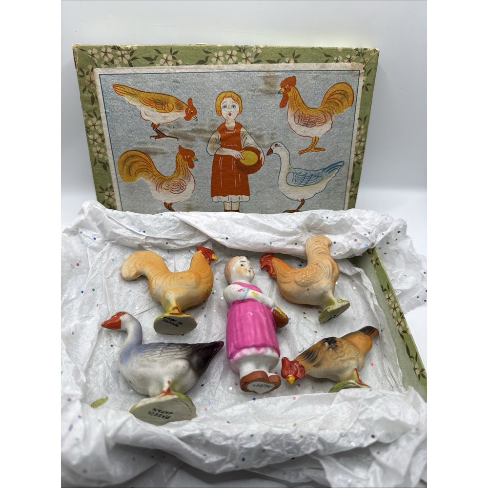 Lot Of 5 1940s Handpainted Japan Miniature Roosters Chickens Lady Farmer In Box